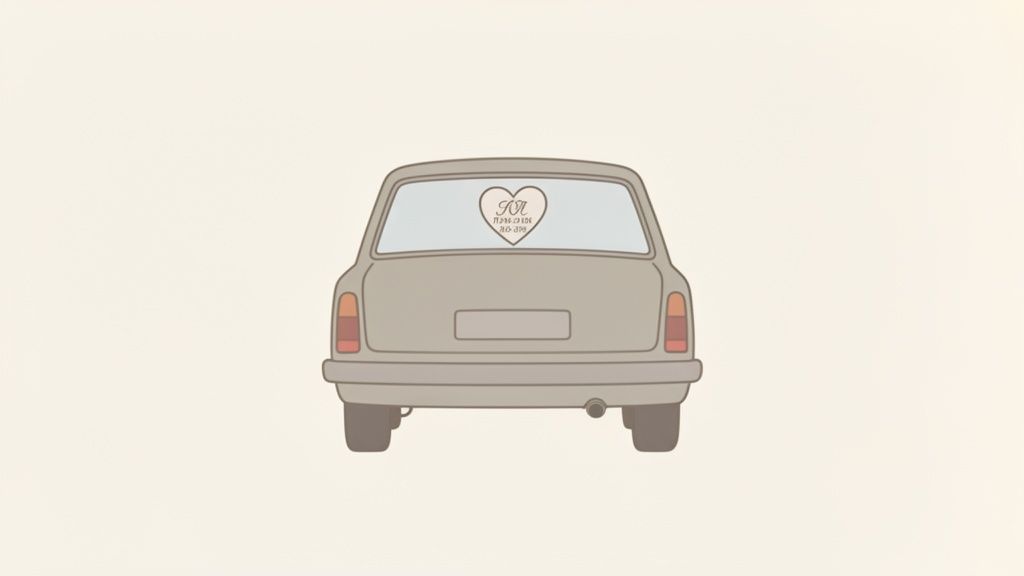 A car's rear view shows a heart-shaped decal with "M.M." and "11.26.2016" on the back window.