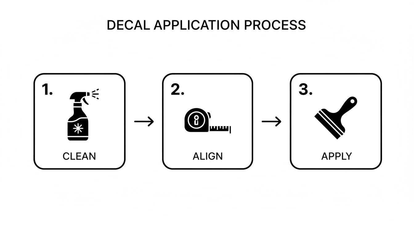 Three-step decal application process: clean with a spray bottle, align with a measuring tape, and apply with a squeegee.