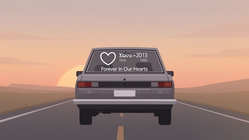 A car with memorial decals on its rear window drives on a road towards a sunset.