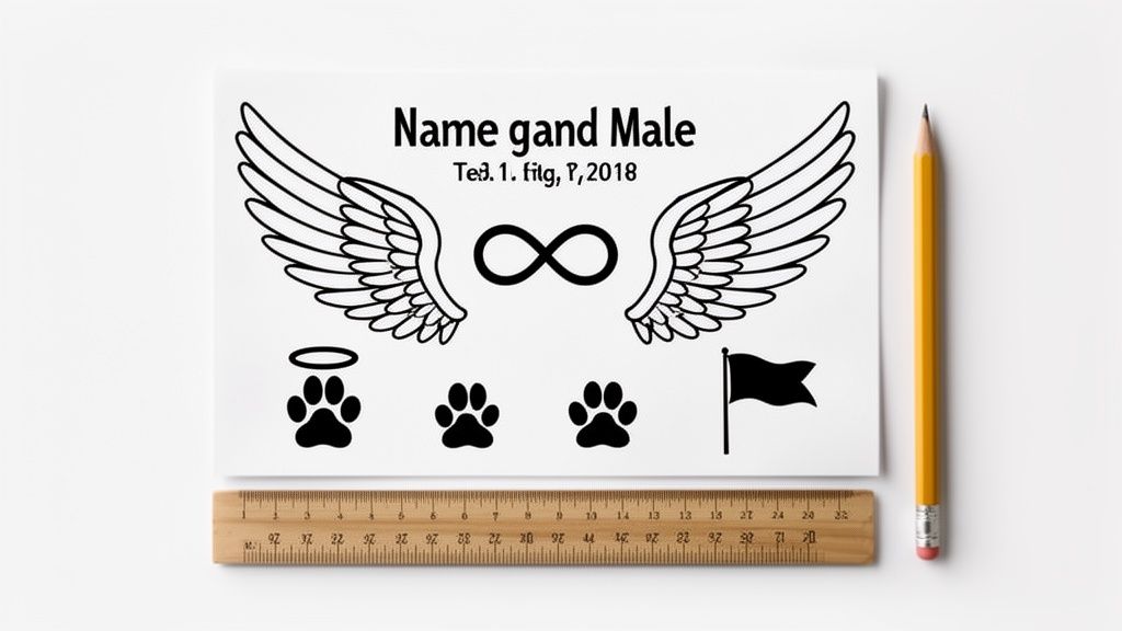 Pet memorial card design featuring angel wings, infinity symbol, paw prints, a halo, and a flag.