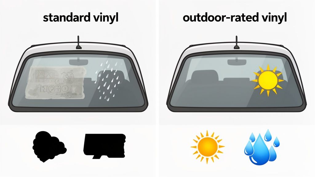Comparison of standard versus outdoor-rated vinyl decals on car windows, showing weather durability.