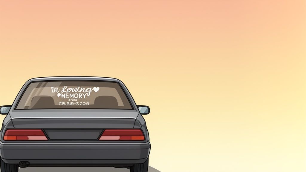Rear view of a grey car with a white 'In Loving Memory ANGIE 12.89-7.229' decal on the back window.