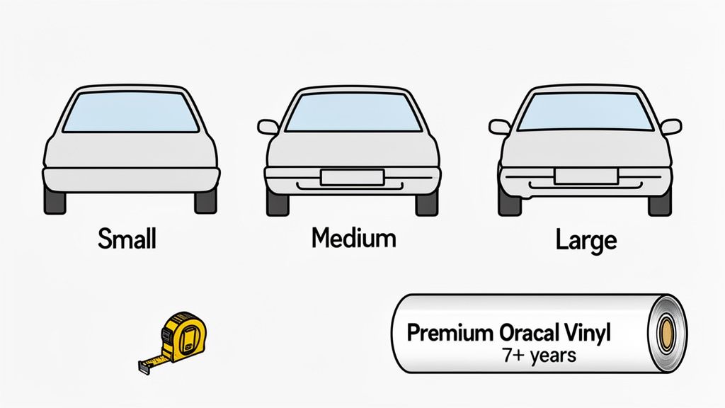 An illustration showing small, medium, and large cars from the rear, with a measuring tape and a roll of premium Oracal vinyl.