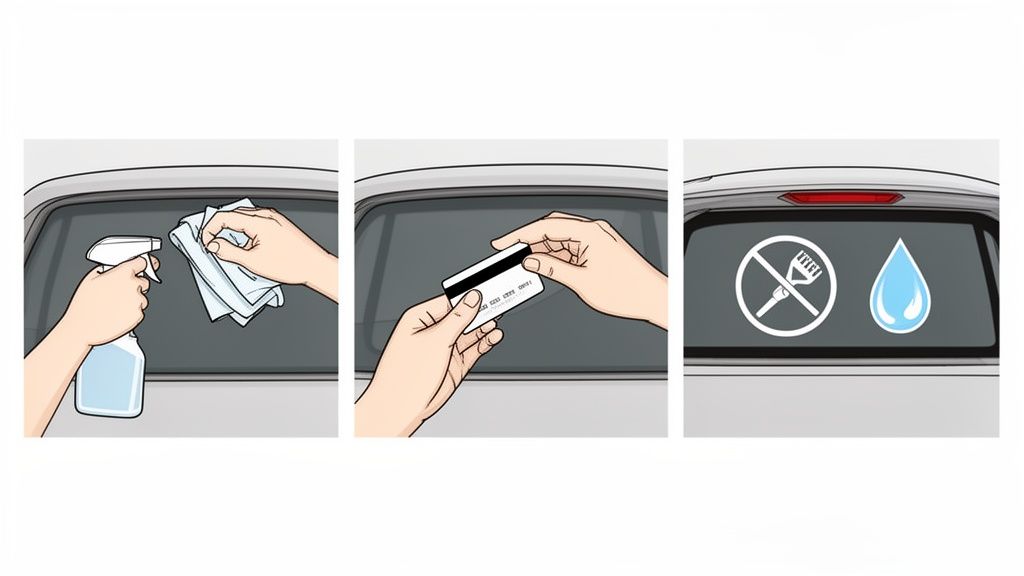 Illustration showing steps to apply a car window decal: cleaning, smoothing with a credit card, and care instructions.