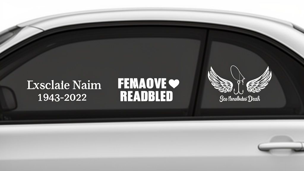 White memorial decals on a car window, featuring a name with dates, and a fishing hook with angel wings.