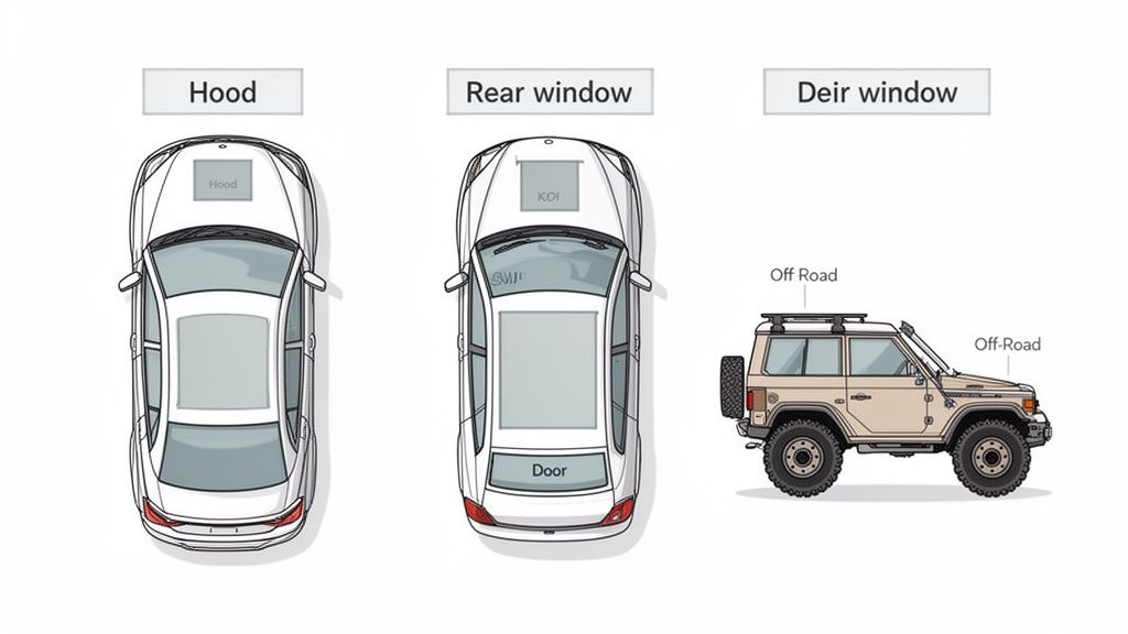 Illustration of car parts with labels for hood, rear window, door, and an off-road vehicle.
