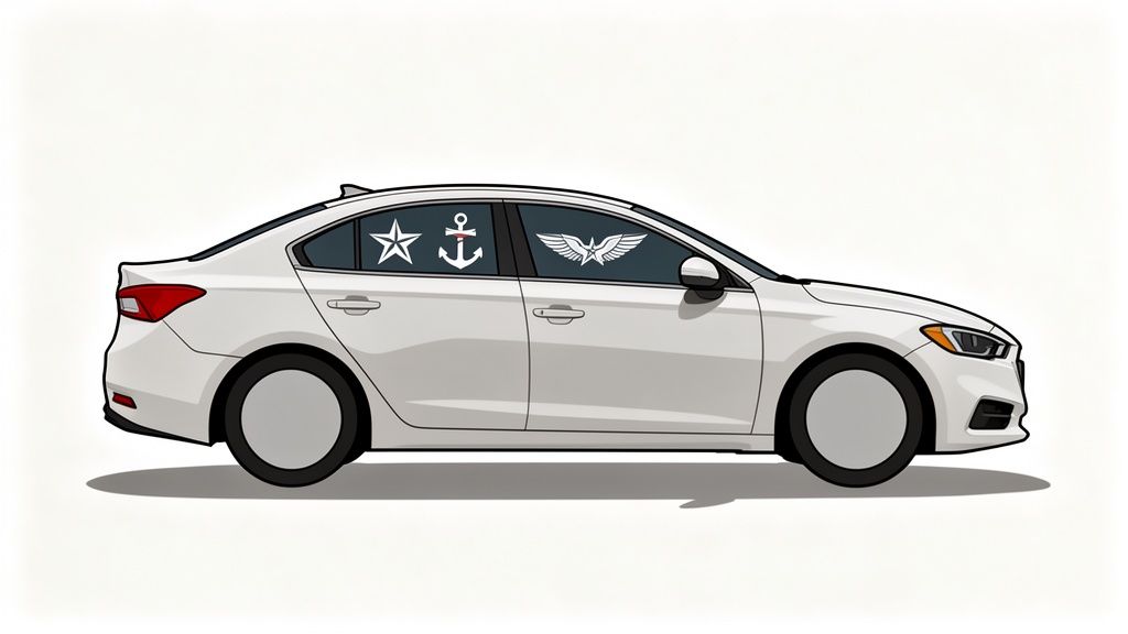A white sedan featuring various military-themed decals, including a star, anchor, and winged emblem, on its side windows.