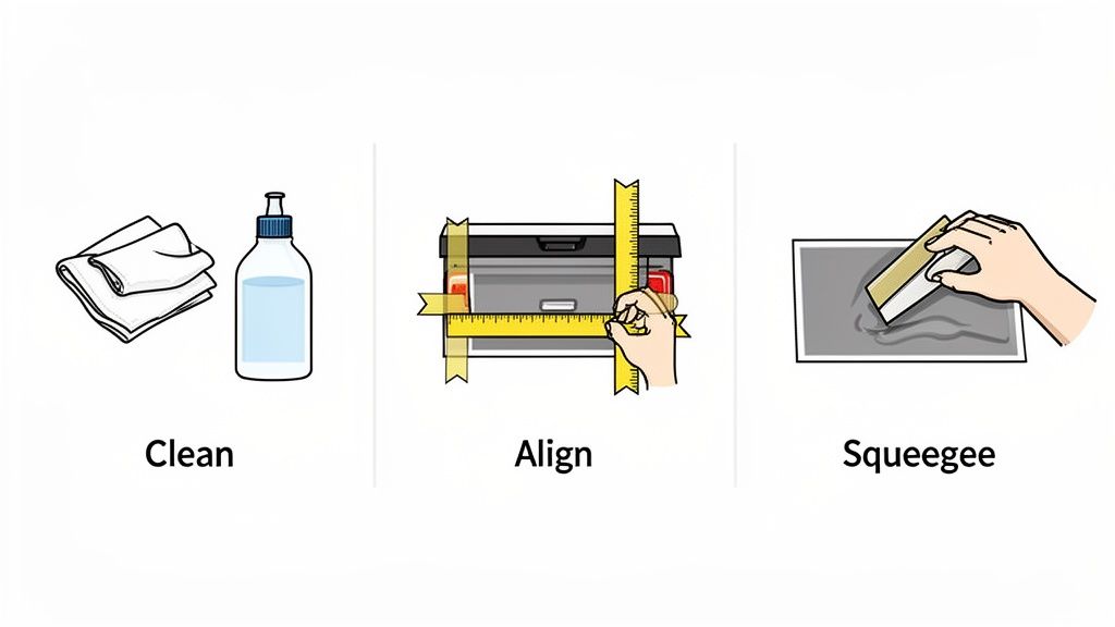 Illustrated steps for sticker application: cleaning, precise alignment using rulers, and smoothing with a squeegee tool.
