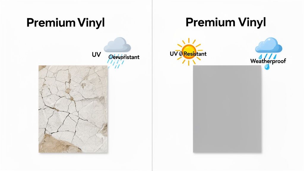 A side-by-side comparison of degraded, cracked vinyl versus durable, UV resistant, and weatherproof vinyl.