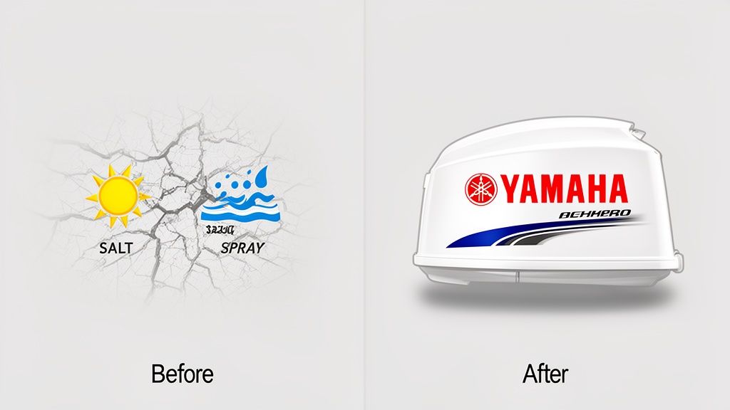 Illustration showing cracked surface from sun and salt spray, contrasting with a new Yamaha outboard motor decal.