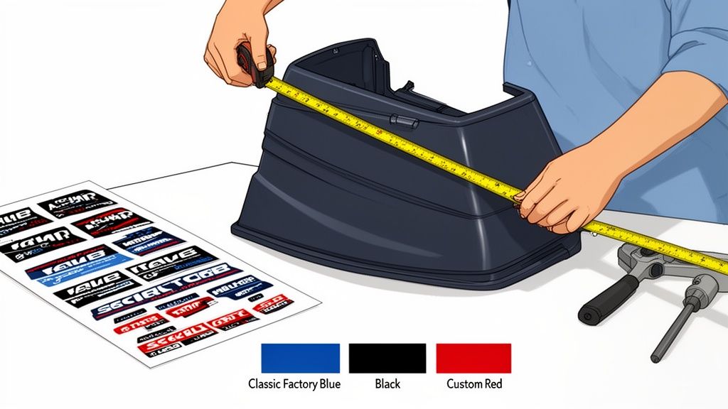 A person measures an outboard motor cowling with a tape measure next to a sheet of decals.