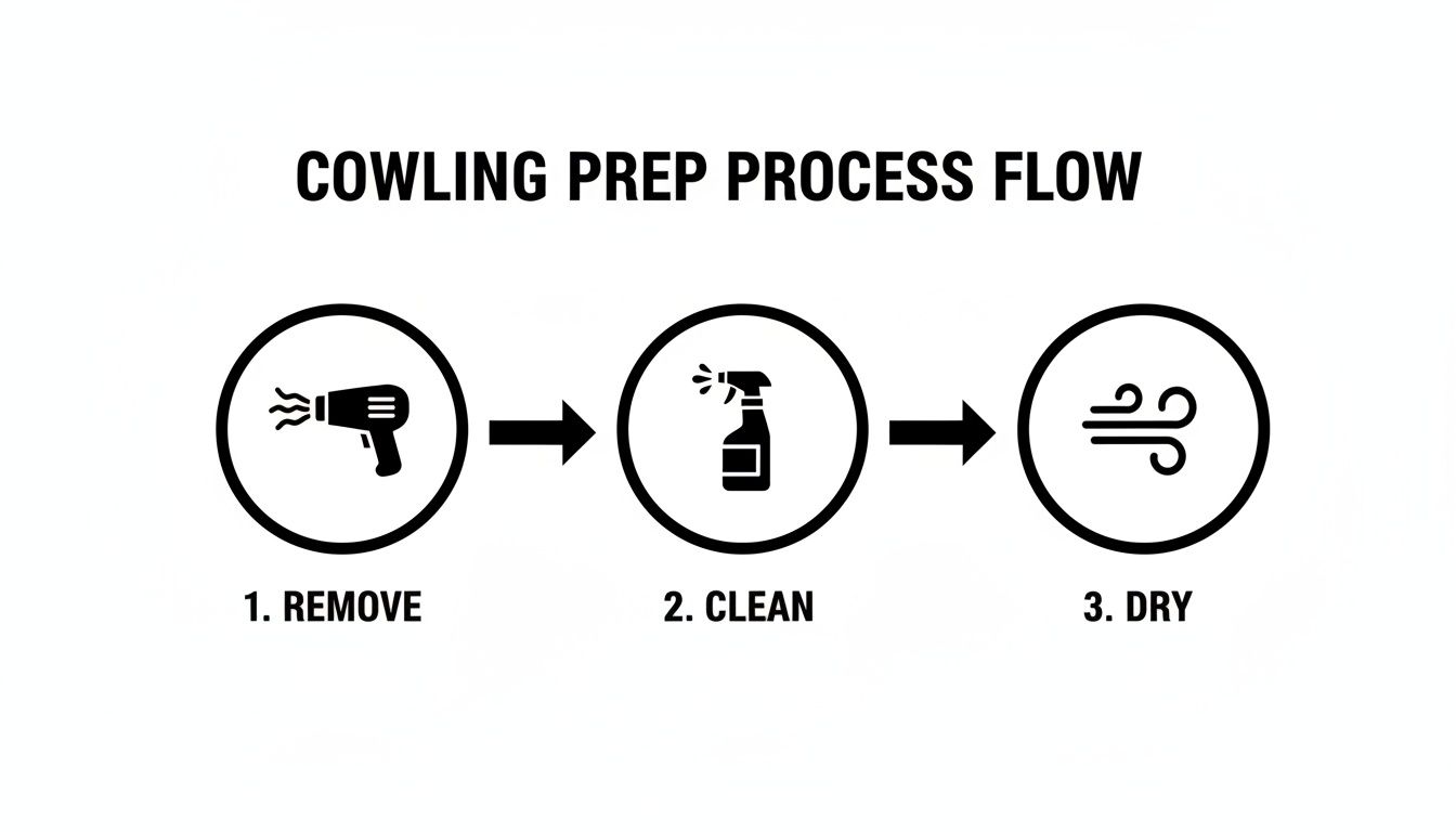 A process flow diagram showing three steps for cowling preparation: remove, clean, and dry.