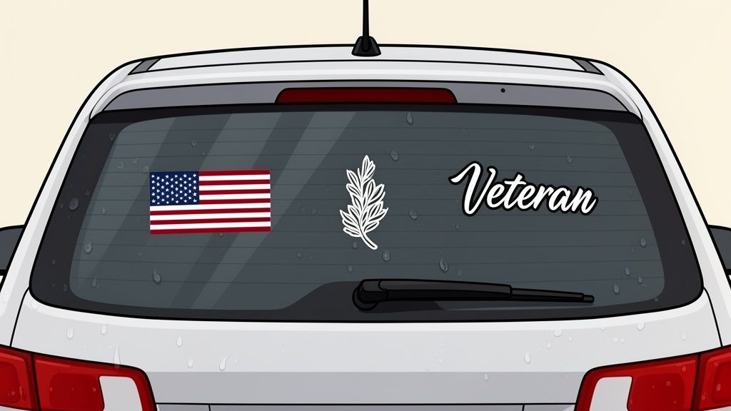 A white car's rear window features an American flag, a branch, and 'Veteran' stickers.