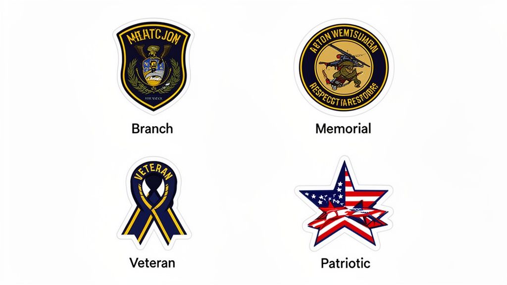 Four military-themed stickers are displayed, including Branch, Memorial, Veteran ribbon, and a patriotic star design.