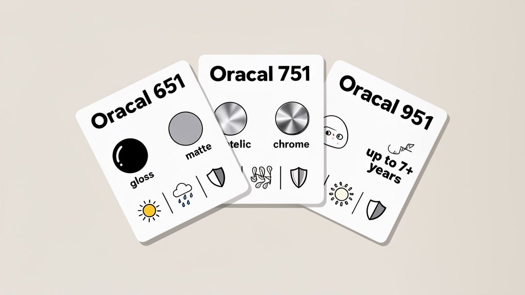 Three Oracal vinyl product cards comparing Oracal 651, 751, and 951 features like finishes and durability.