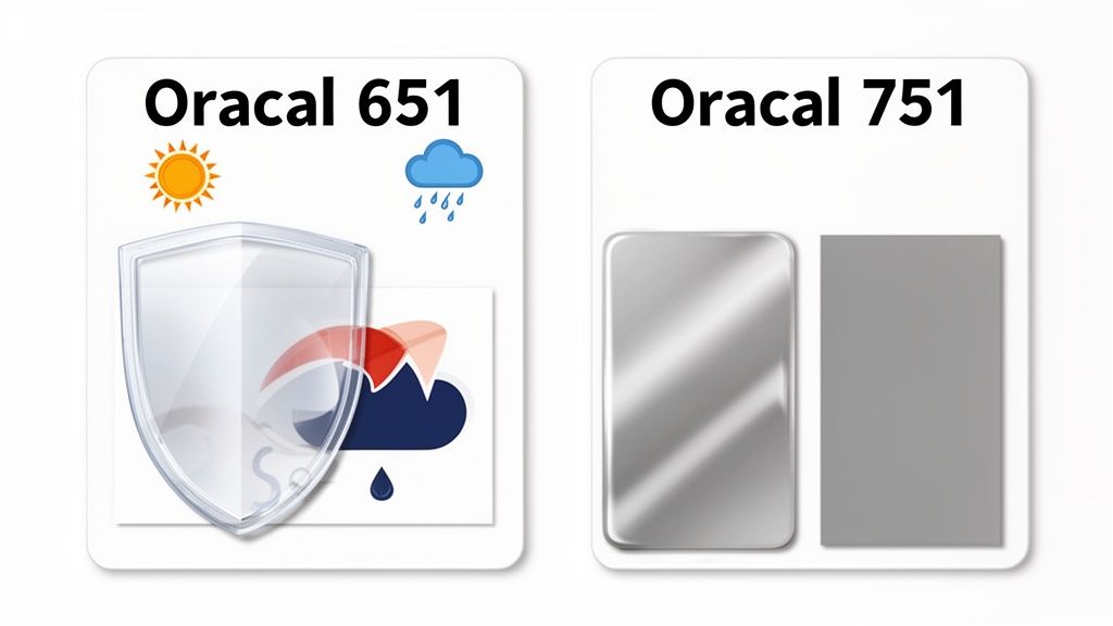 Comparison of Oracal 651 and Oracal 751 vinyl types, illustrating outdoor durability and finish options.