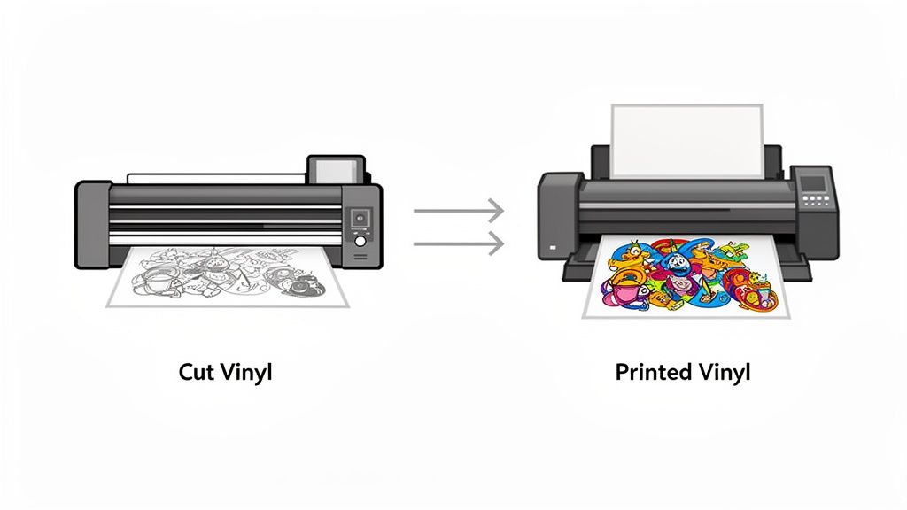 Two machines illustrate the difference between cut vinyl and printed vinyl, showing colorful designs.