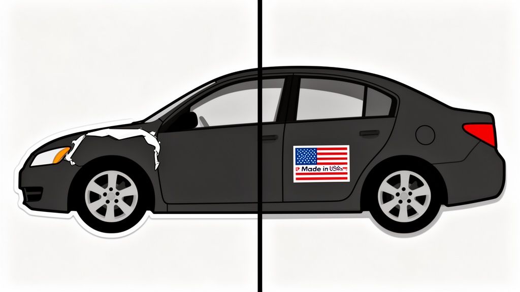 Side view of a dark car showing a Florida map decal on the left and a 'Made in USA' flag decal on the right.