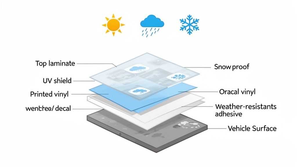 Layered diagram illustrating the weather-resistant construction of a decal with UV shield, printed vinyl, and adhesive.