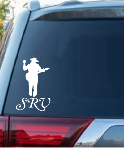 White decal of a cowboy silhouette in a hat with a guitar on a dark SUV rear window, with ornate 'SRV' text beneath.