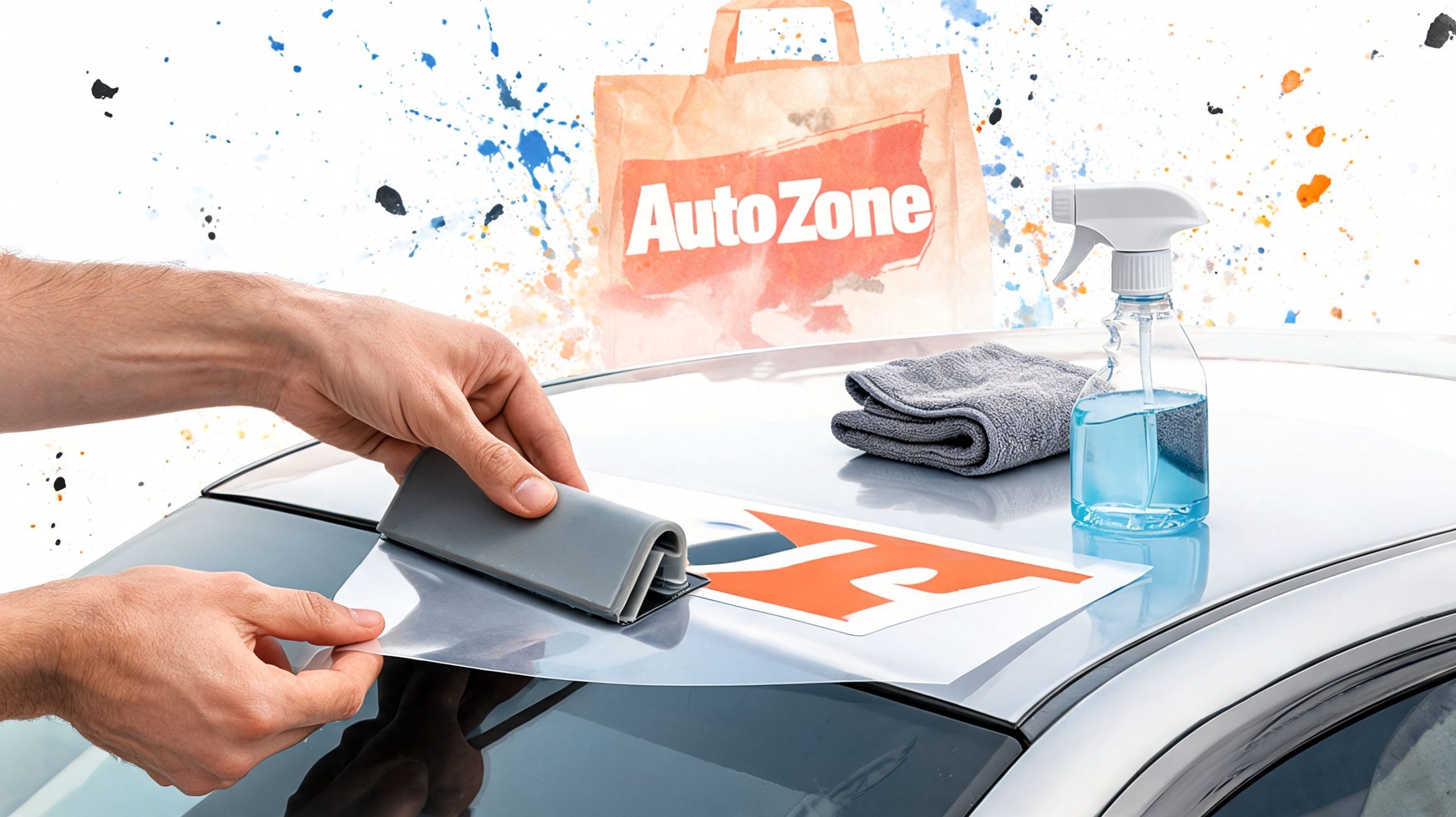 A person applying a decal to a car roof with a squeegee next to cleaning supplies.