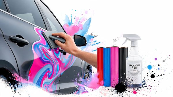 Hand polishing a car door with a gray buffer while bright paint swirls splash behind the panel and paint tubes nearby.