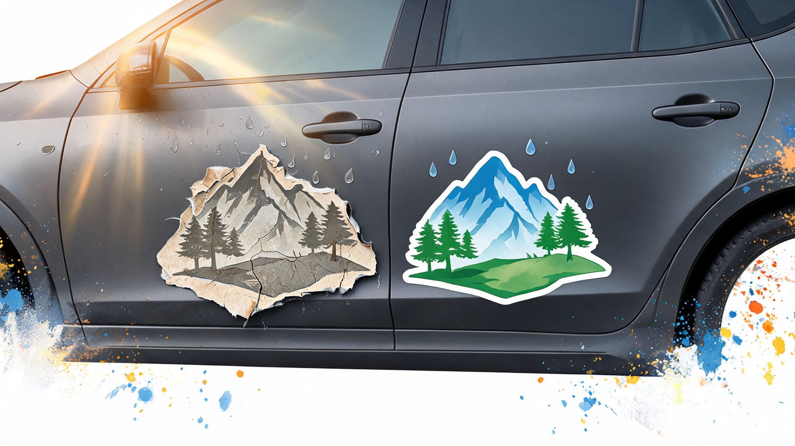A gray car door featuring two contrasting nature-themed mountain and forest vinyl decals side by side.