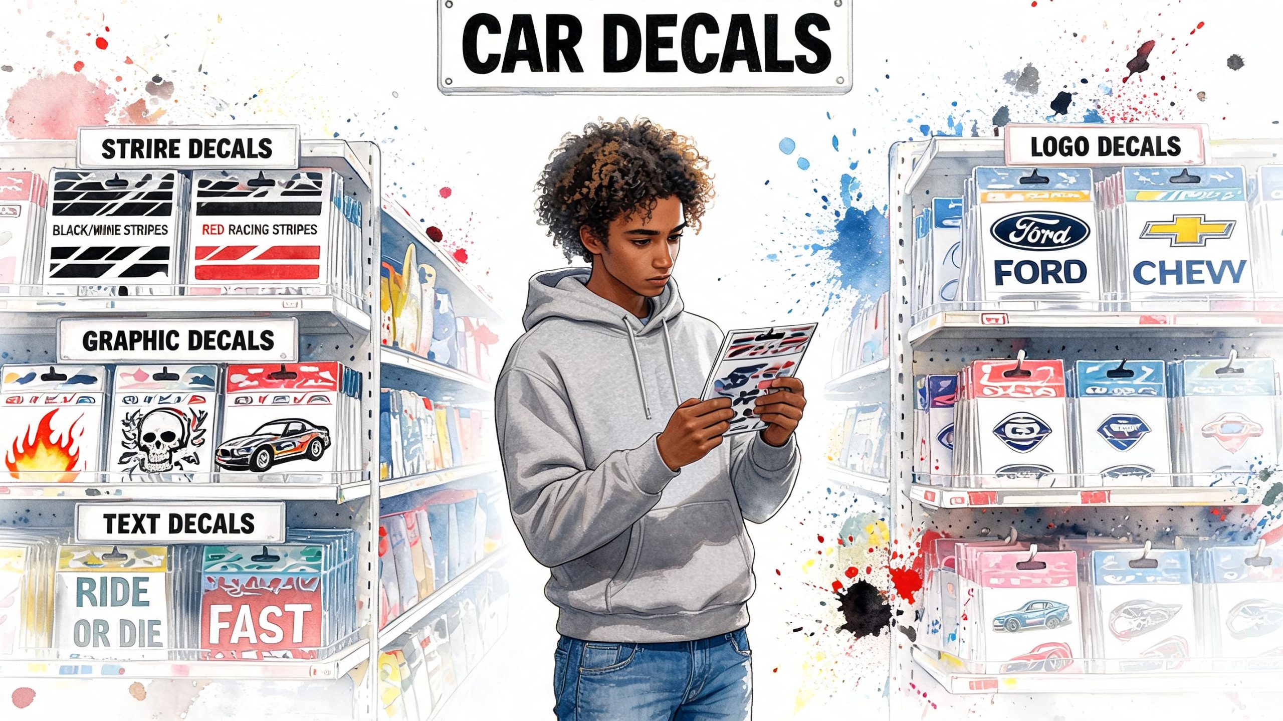 A young man browsing for automotive car decals in a brightly illustrated retail store shop.