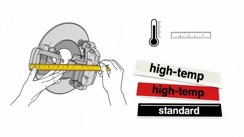 Hands measure a brake caliper and disc with a ruler, with high-temp and standard part options.
