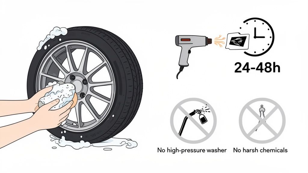 Instructions for applying and caring for car wheel decals, showing washing, drying, and care precautions.