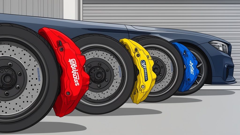 Three cars display red, yellow, and blue brake calipers with custom decals on their wheels.