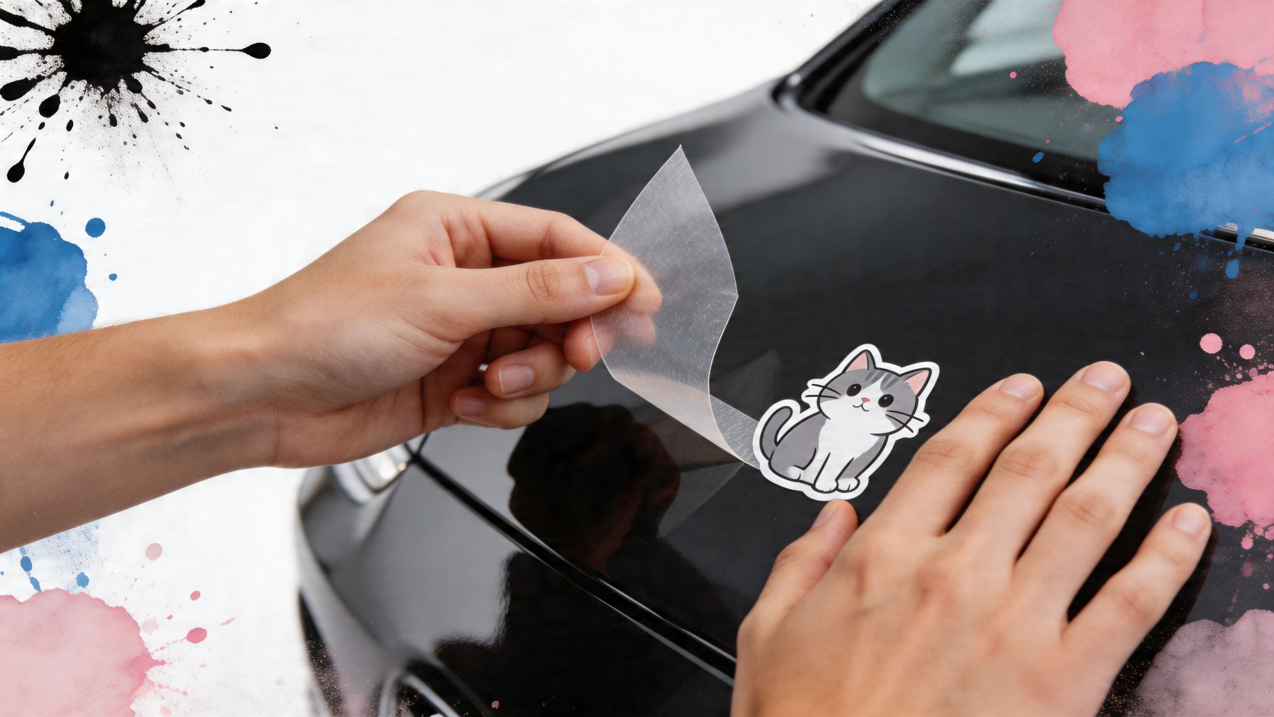 A person carefully applying a cute gray cat sticker onto the smooth surface of a black car.