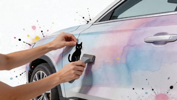 Hands apply a black cat sticker onto a pastel watercolor car wrap, near the door panel and handle edge.