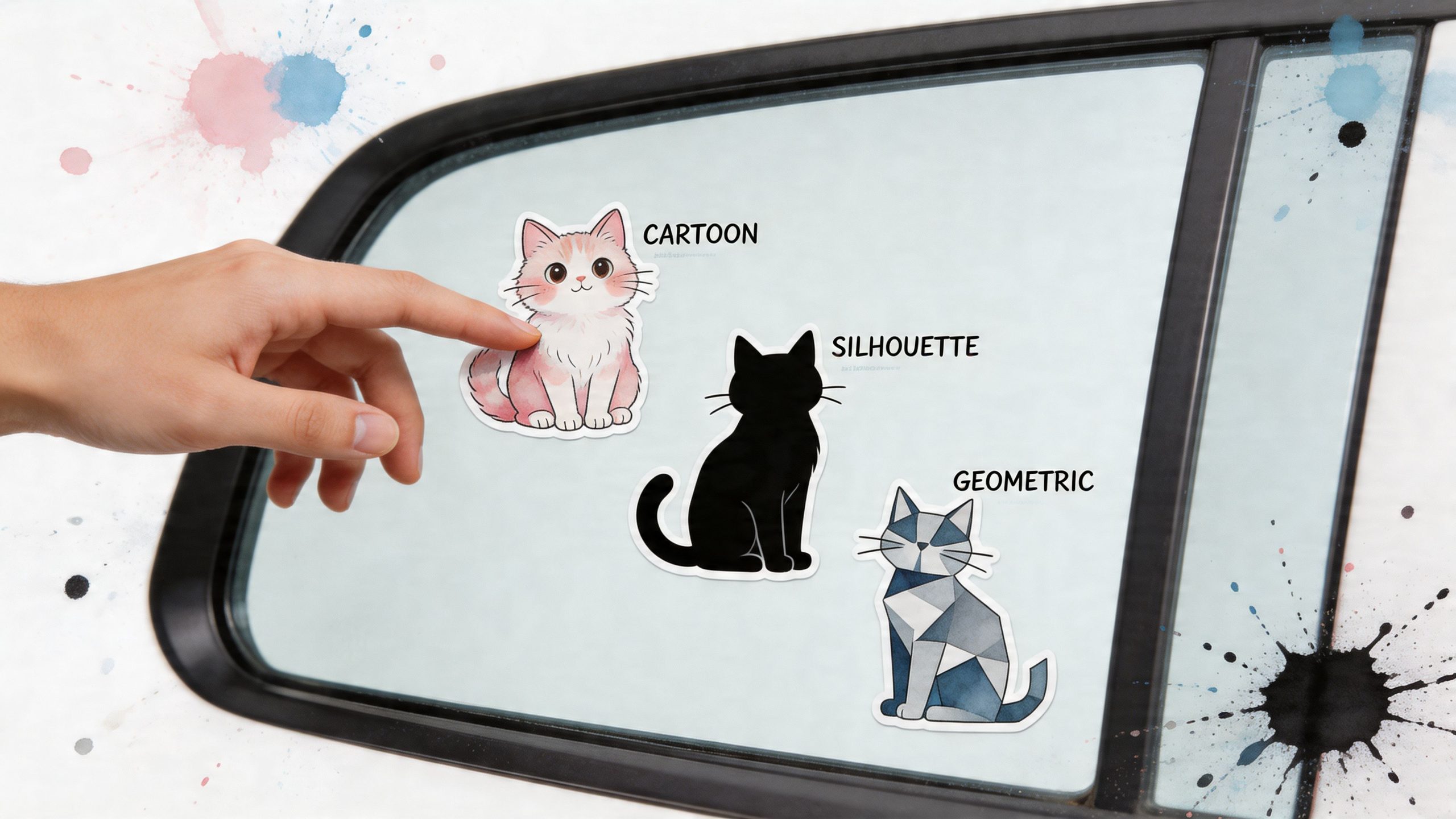 A hand touching a car window displaying three different cat sticker styles: cartoon, silhouette, and geometric.