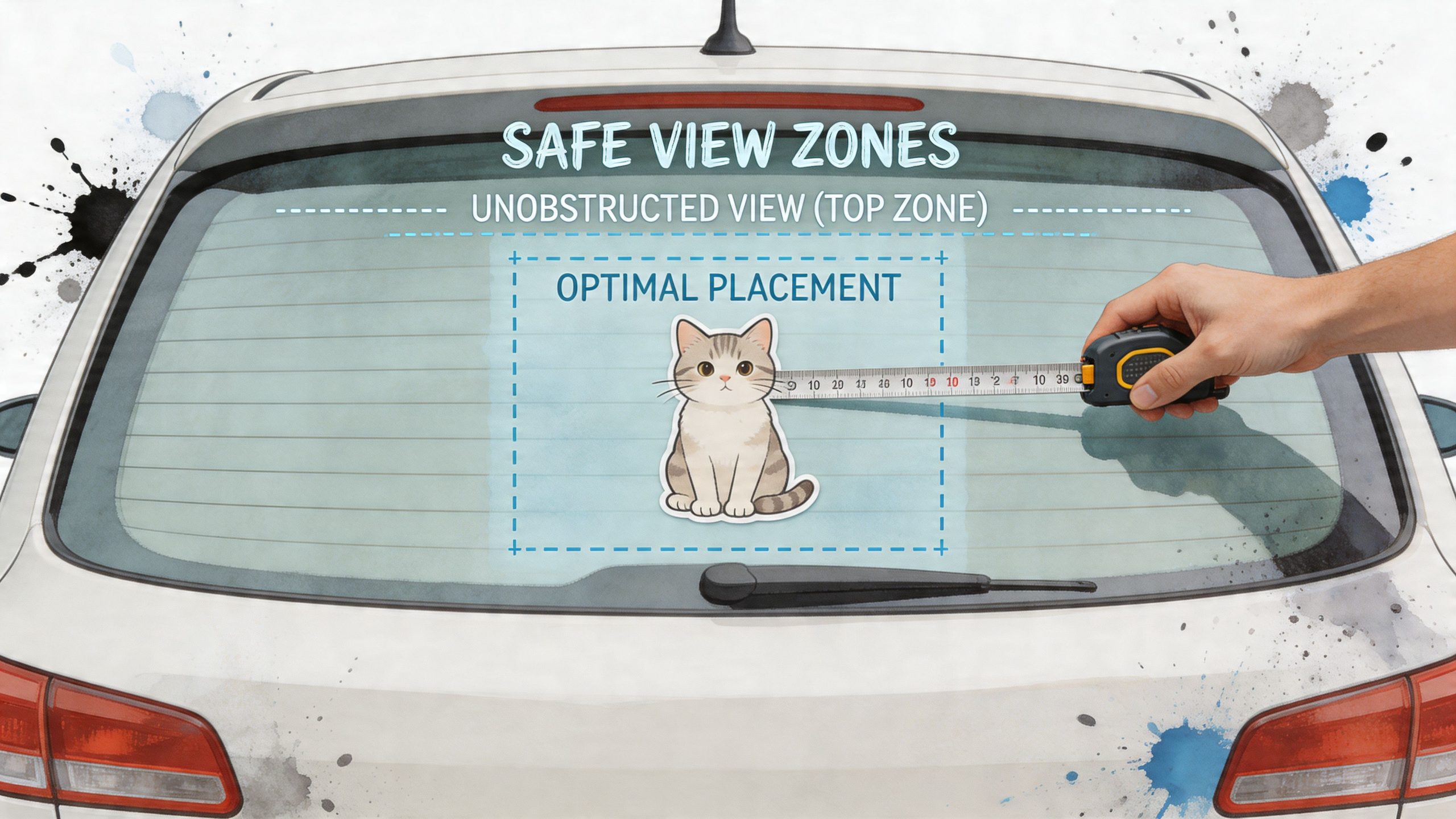 A hand measuring the optimal placement area for a cute cat sticker on a car rear window.