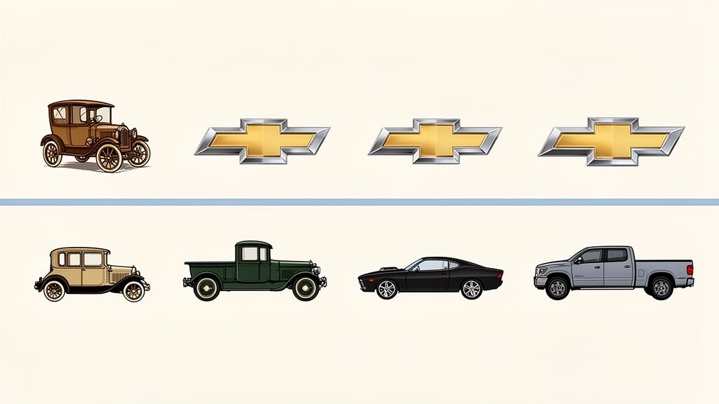 A visual history of Chevrolet vehicles and logos, from vintage cars to modern trucks.