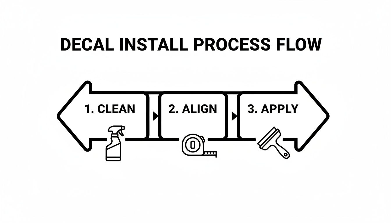 A black and white process flow diagram for decal installation, showing steps: clean, align, apply.