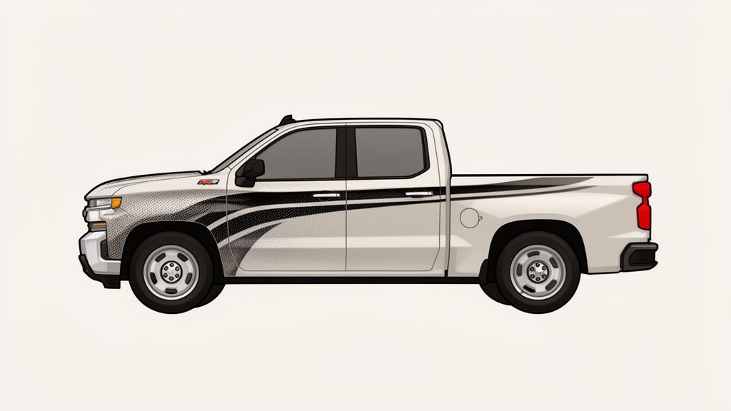 A white Chevrolet Silverado pickup truck showcasing custom black and gray side decals.