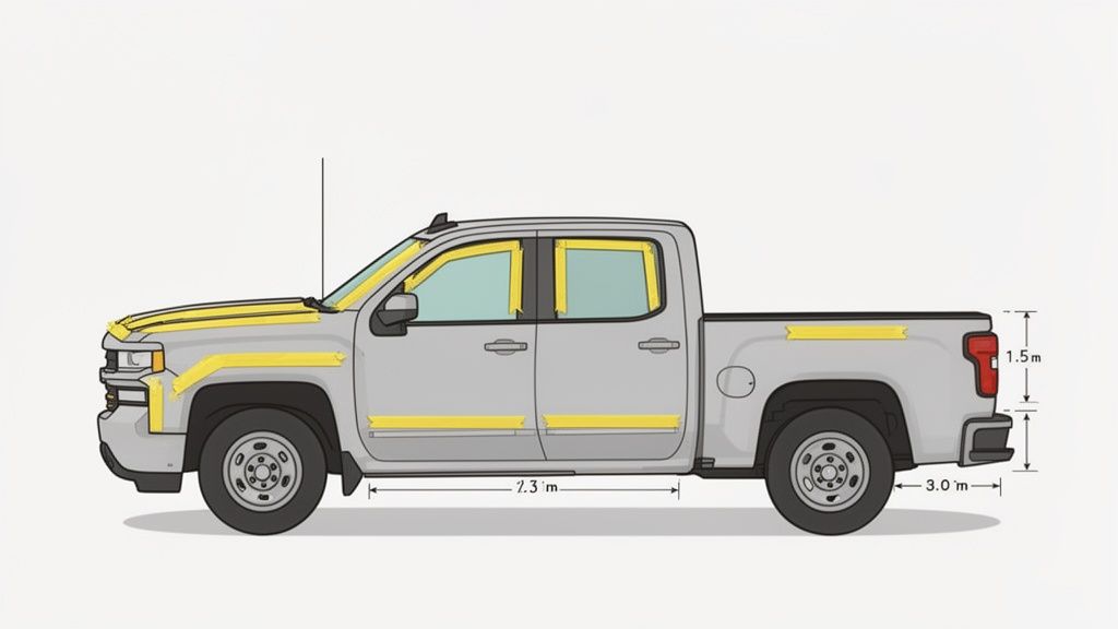 Side view of a grey pickup truck with yellow masking tape marking various sections and dimensions.