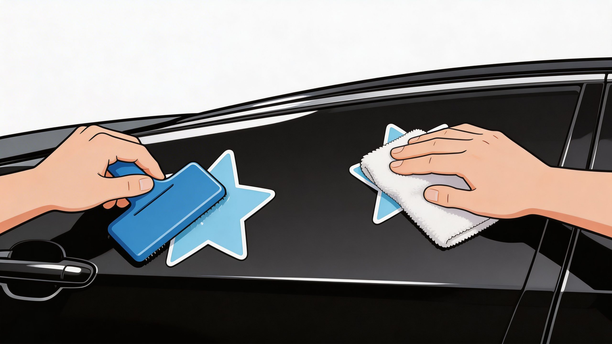 A person applying a star-shaped custom graphic decal onto the dark car door using a squeegee and cloth.