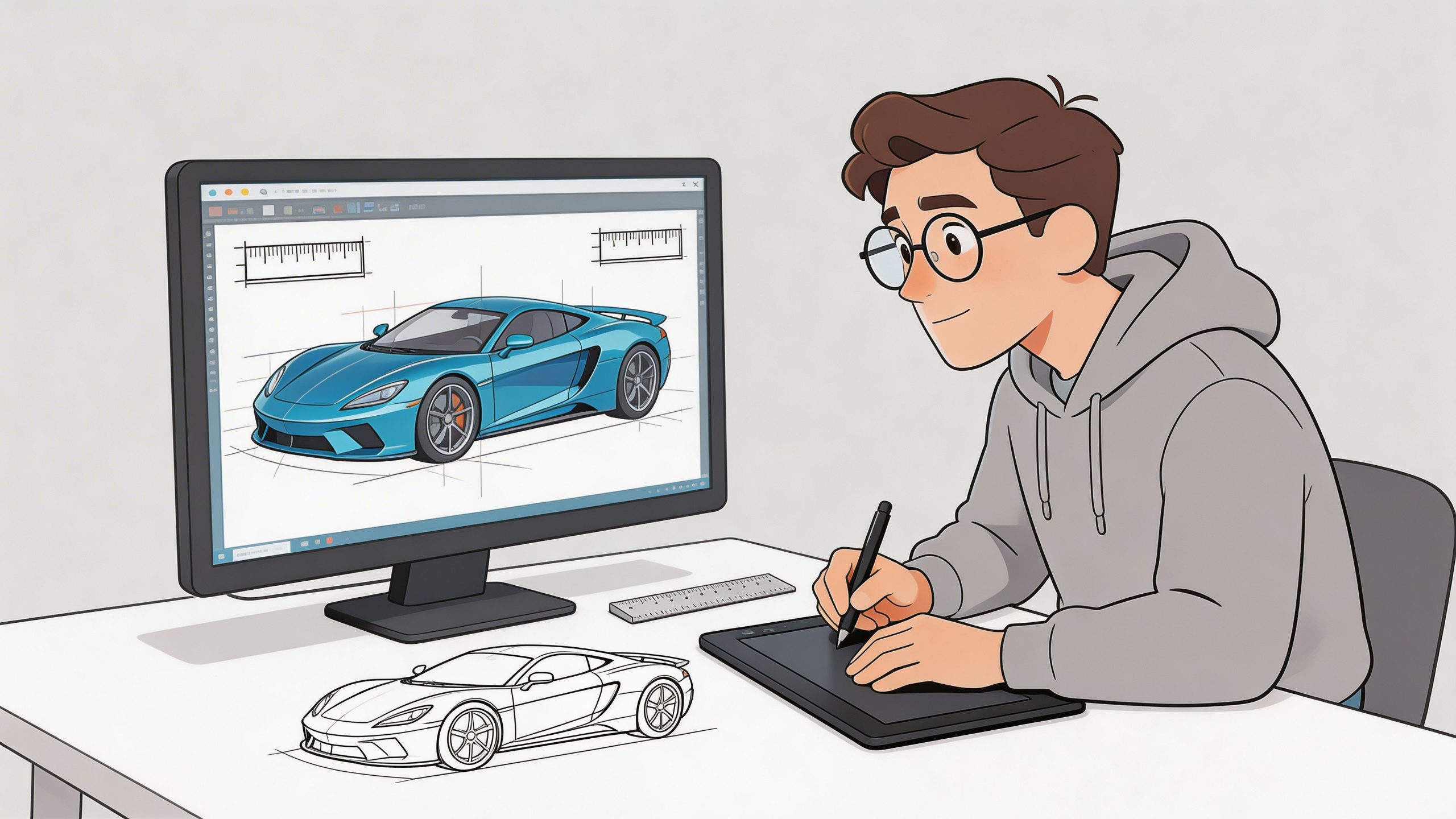 A young designer with glasses uses a tablet to draw a digital blueprint of a sleek car.