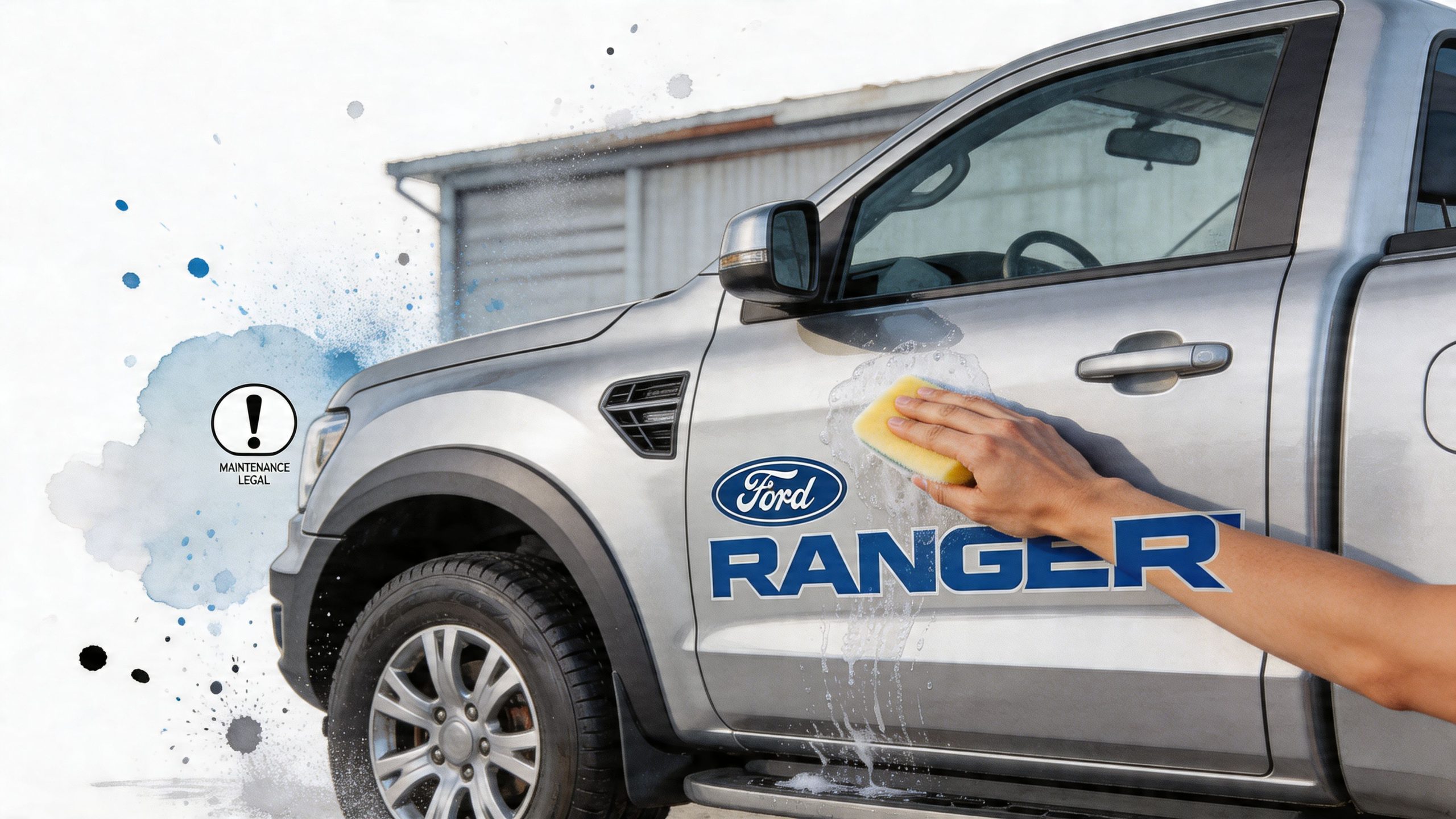 A person washing a silver Ford Ranger pickup truck with a sponge near the door logo.