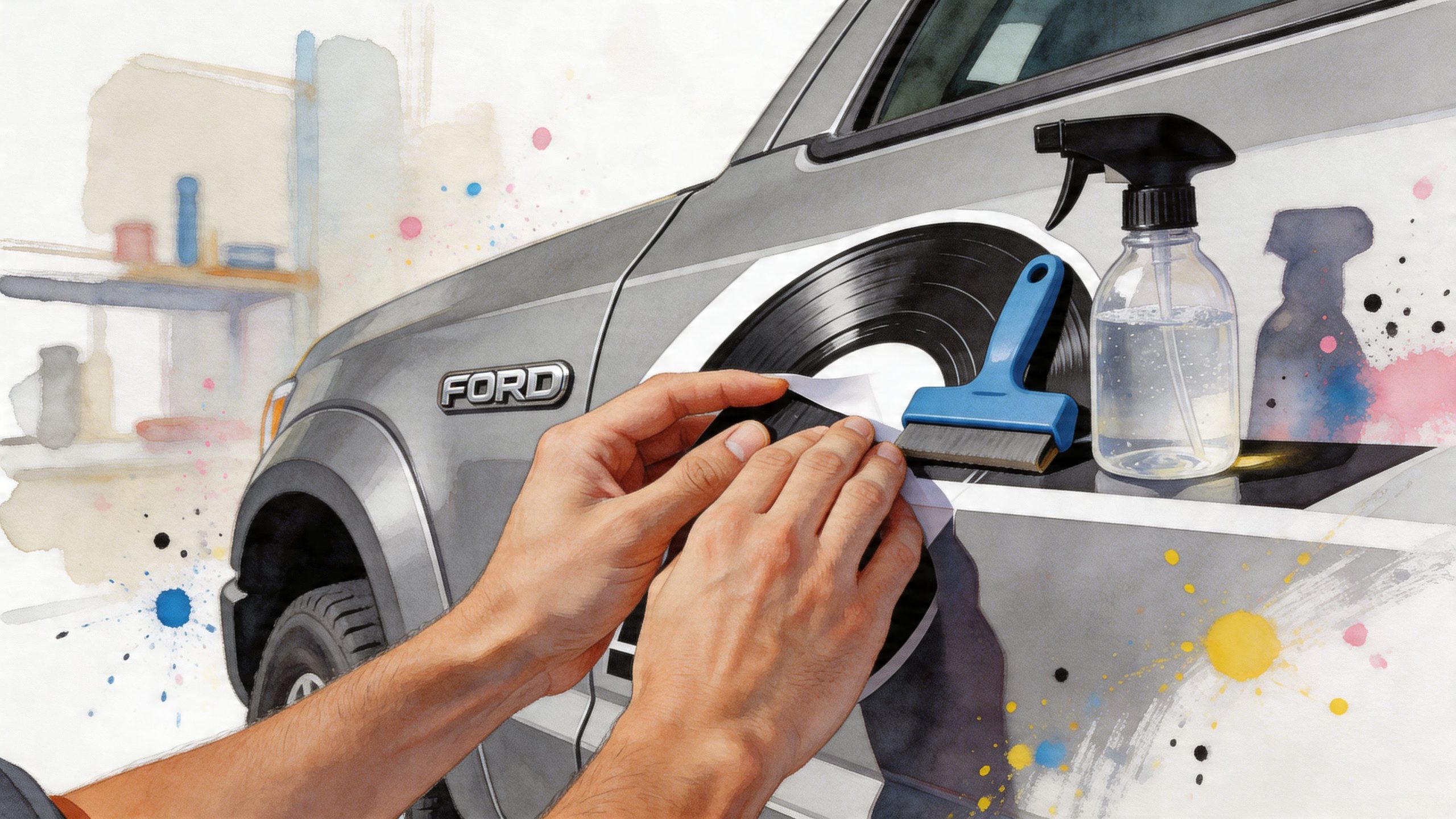 A person applying a circular vinyl decal to the side of a silver Ford truck with a squeegee.