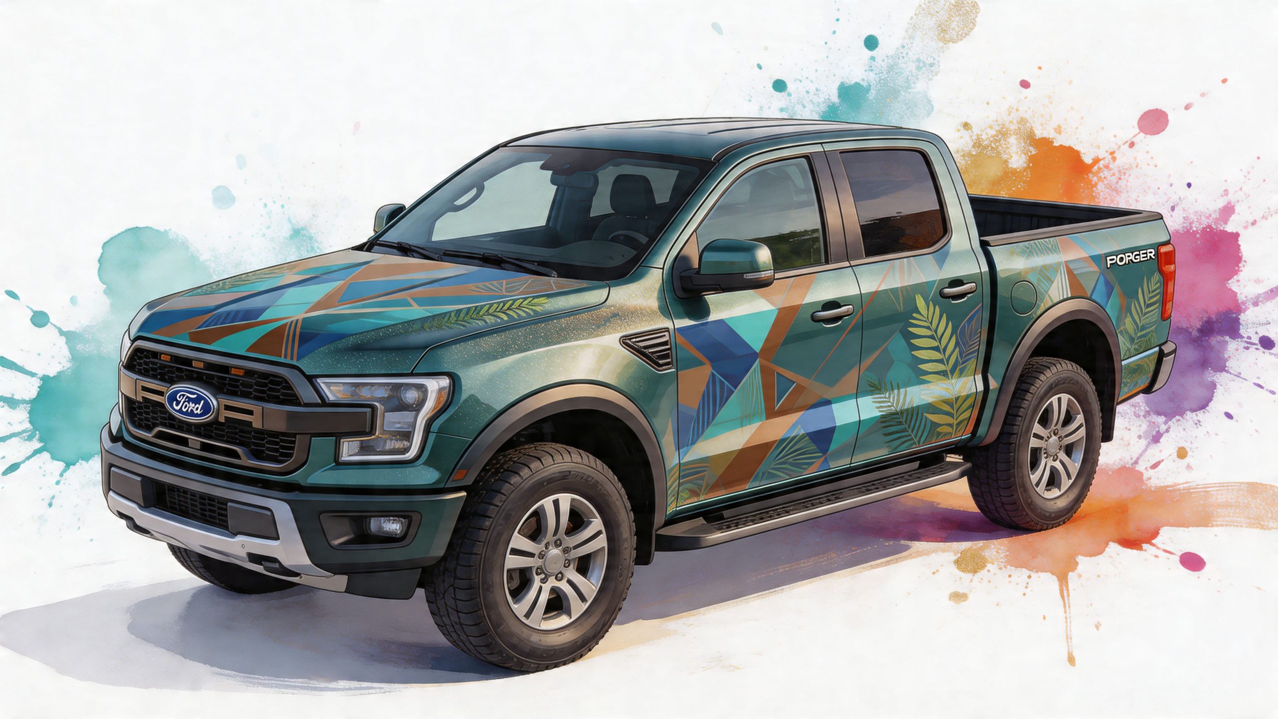 A Ford Ranger pickup truck featuring custom geometric and tropical leaf decals against a vibrant watercolor background.