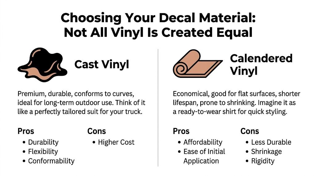 A comparison chart explaining the differences between cast vinyl and calendered vinyl decal materials for signage.