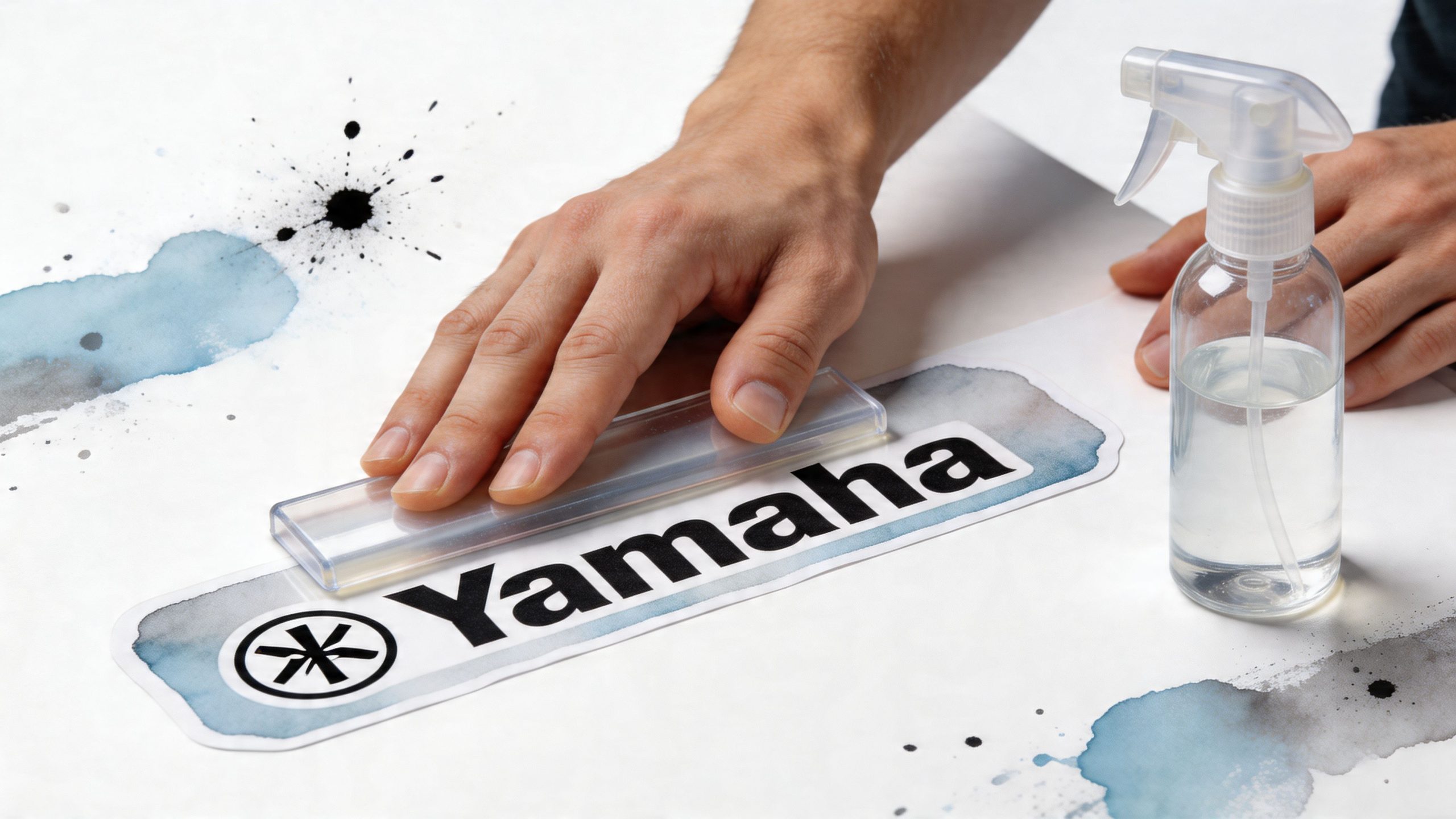 A person applying a Yamaha brand decal onto a surface with a squeegee and a spray bottle.