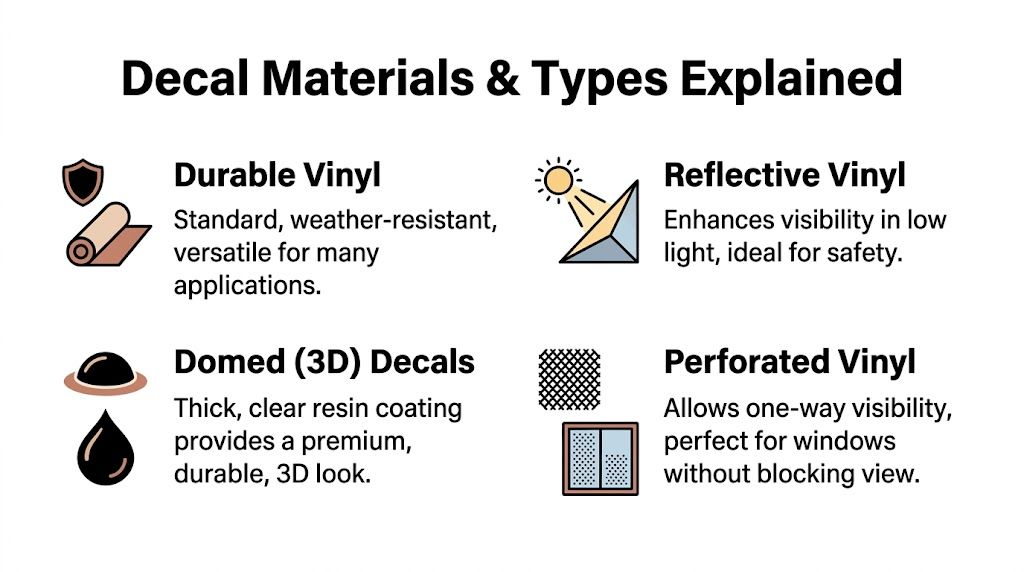 A chart explaining common decal materials and types, including durable vinyl, reflective vinyl, domed decals, and perforated vinyl.