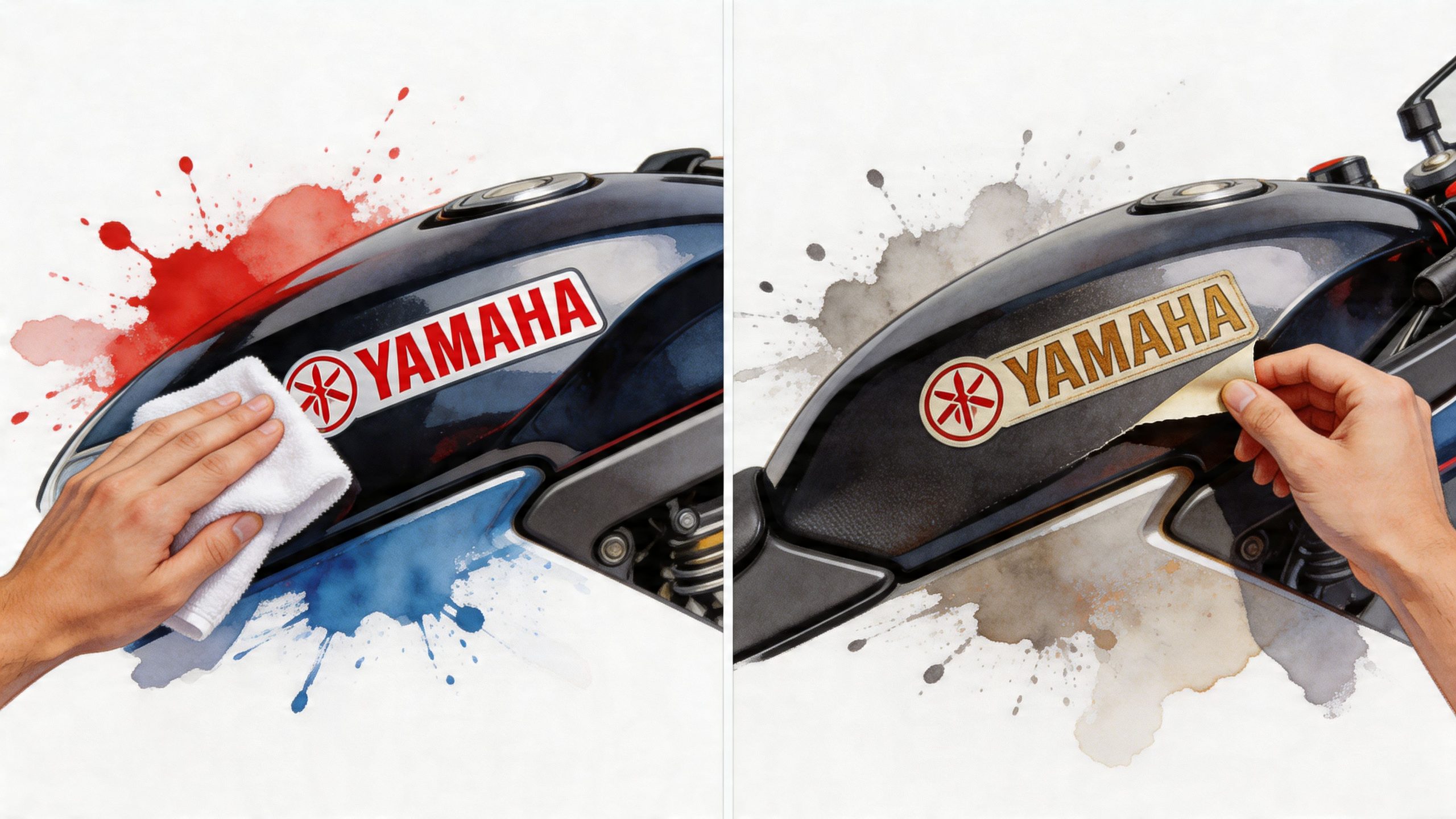 A composite image showing one hand wiping a Yamaha decal and another hand peeling off a decal.
