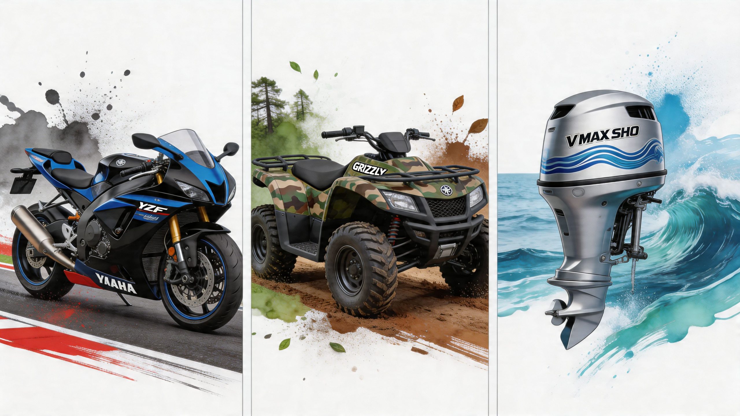 A three-panel display featuring a Yamaha sportbike, a camo Grizzly ATV, and a VMAX SHO outboard motor.