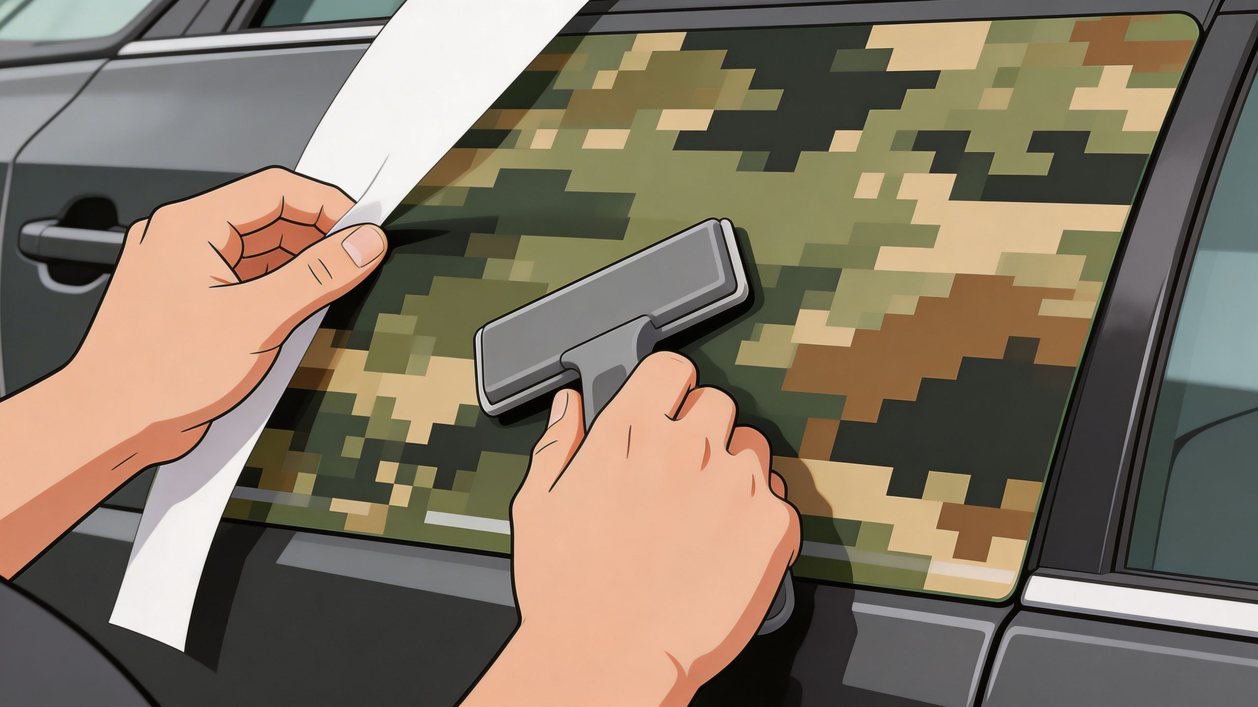 A person carefully applying digital camouflage vinyl decals to a dark car window with a squeegee tool.